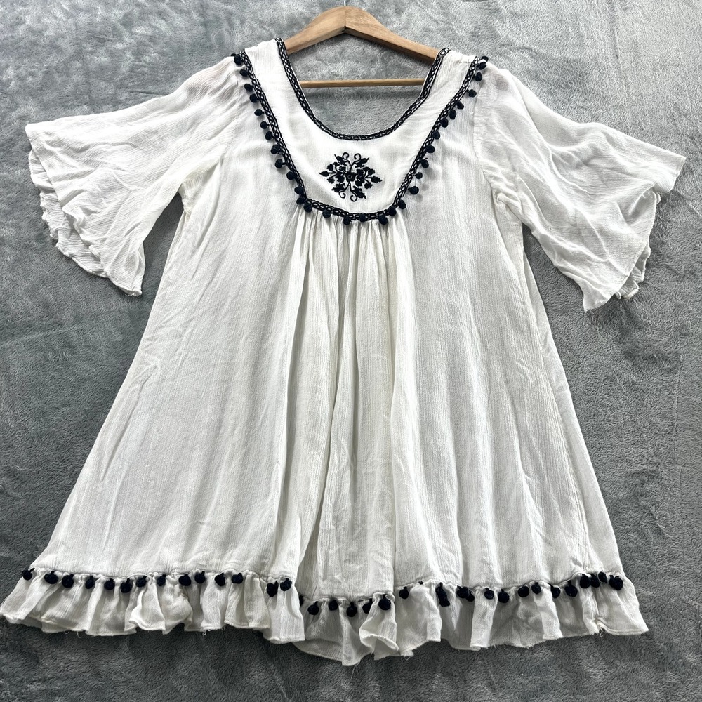 Womens Large Tunic Boho Hippie Peasant Embroidered Flutter Sleeve Pom Pom White